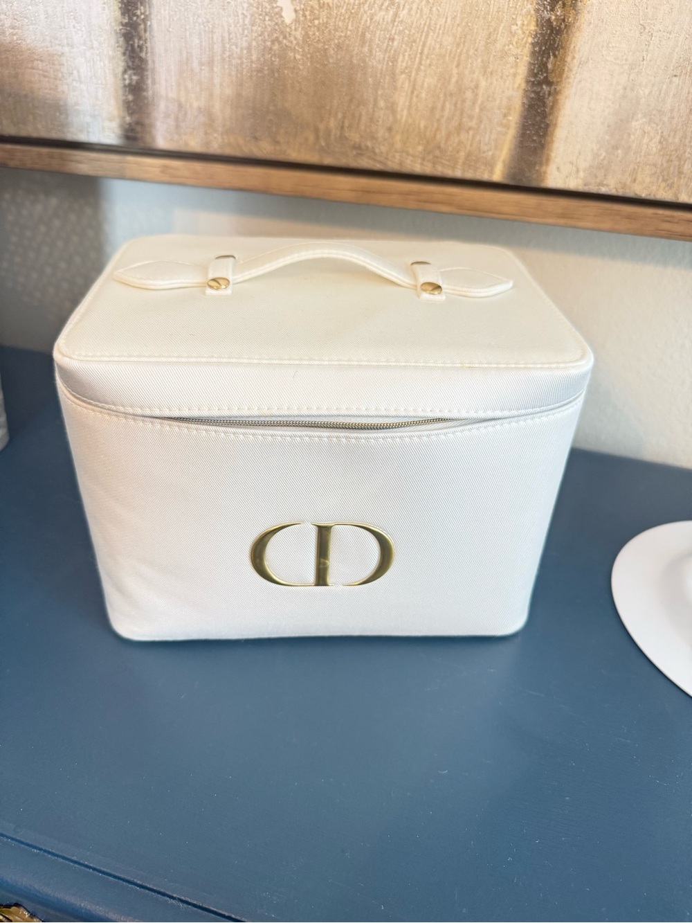 Dior Cream Cosmetic Travel Case with Gold CD Emblem, towel and facial hair wrap